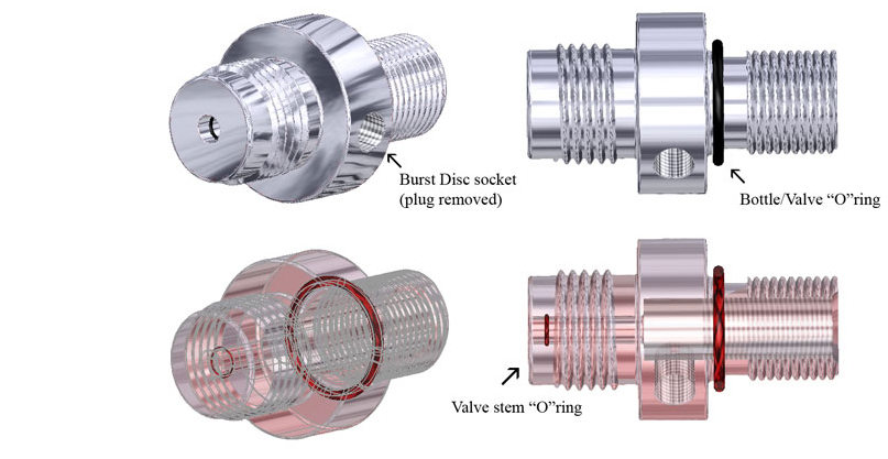 CAD drawing of stripped valve body showing valve stem "O" ring etc