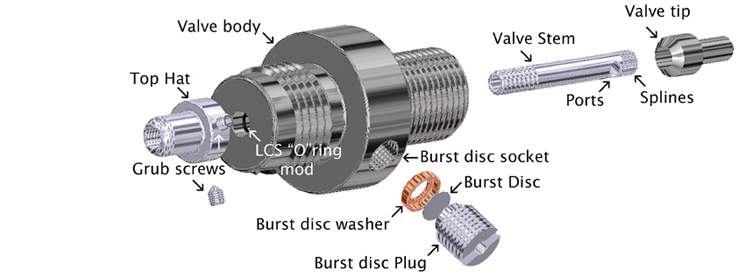 CAD drawing of stripped valve body showing valve stem "O" ring and main components